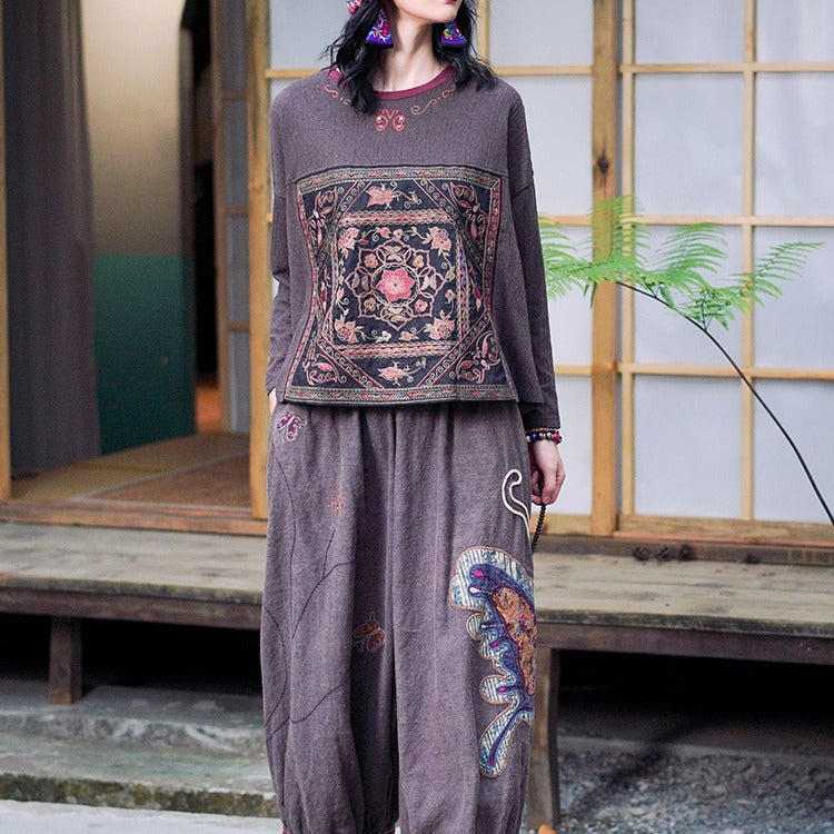 Vintage Urban Linen Embroidery T Shirts & Pants for Women
