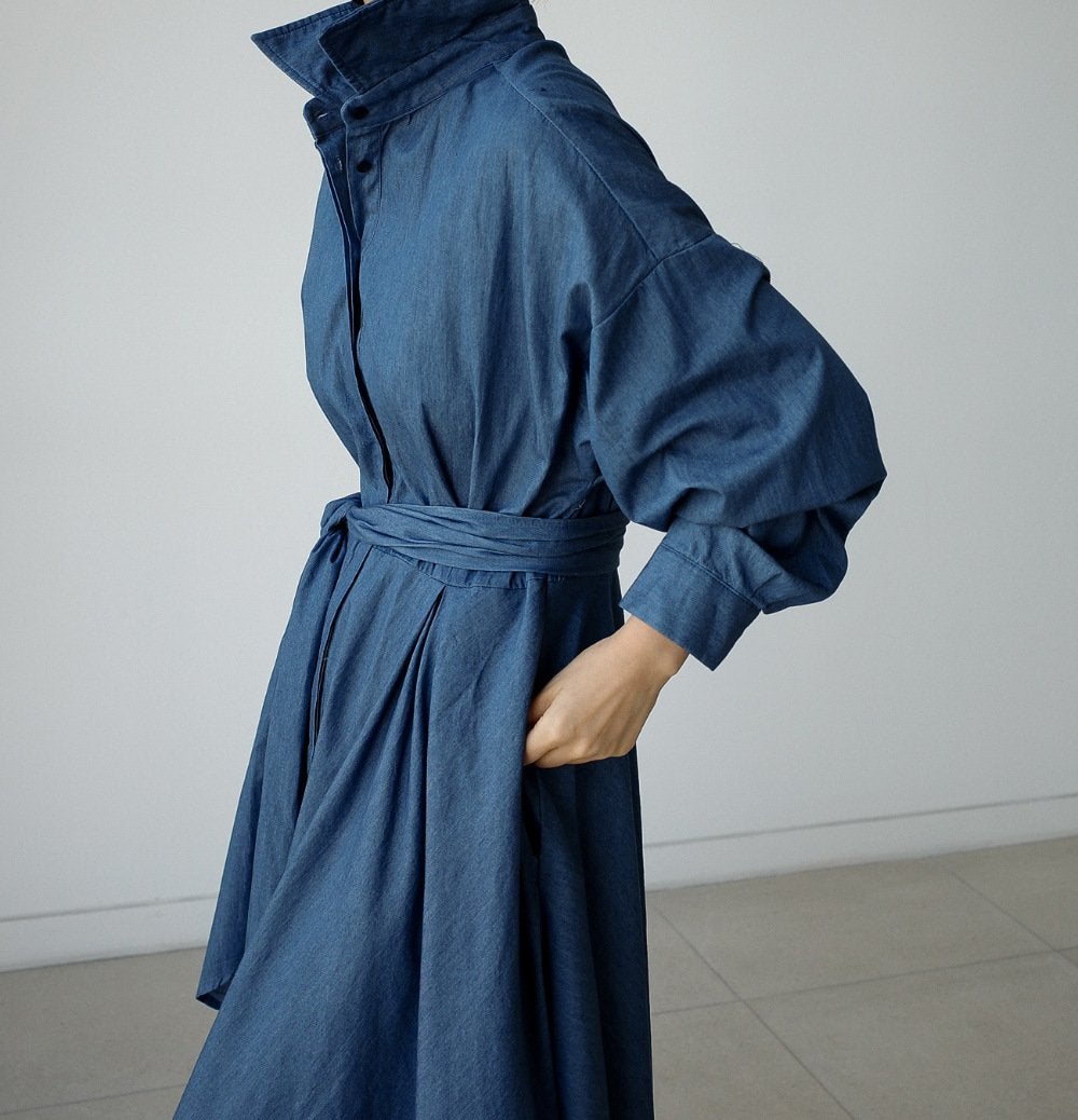 Blue Long Sleeve Loose Demin Shirts Maxi Dresses-Cozy dresses-JEWELRYSHEOWN