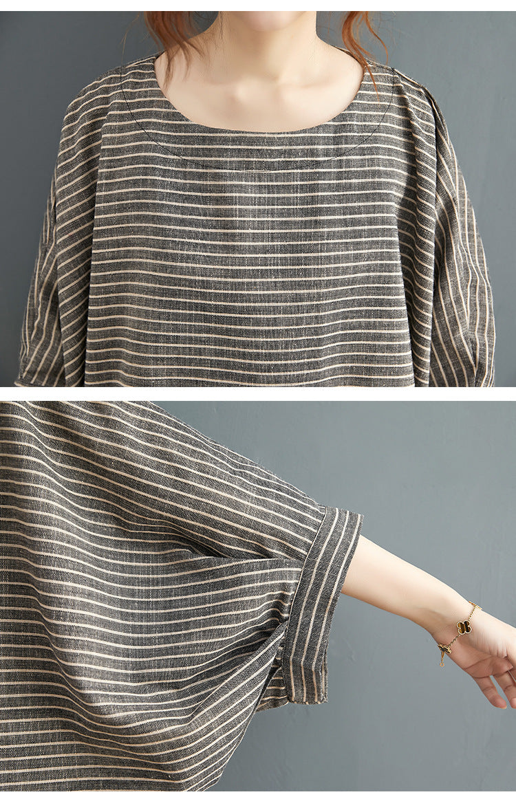 Linen Striped Plus Sizes 2pcs Women Summer Outfits