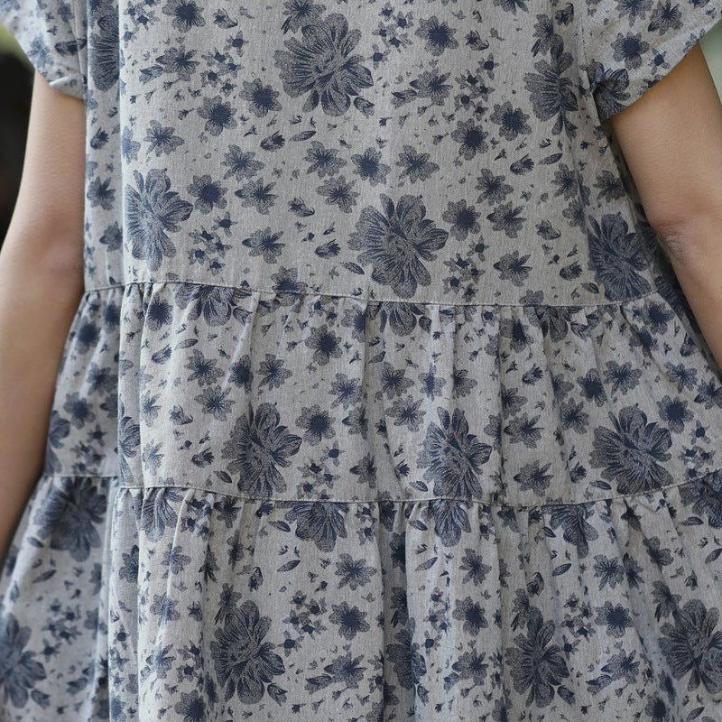 Vintage Linen Short Sleeves Midi Dresses-Dresses-JEWELRYSHEOWN