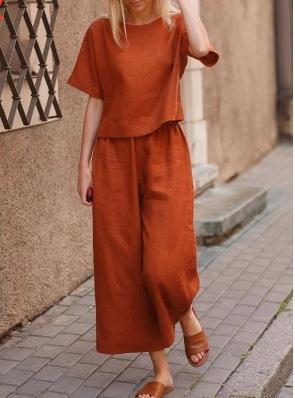 Leisure Women Loose Linen Two Pieces Suits-Two Pieces Suits-JEWELRYSHEOWN