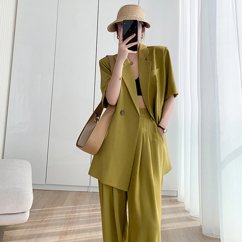 Elegant Short Sleeves Blazer and Wide Leg Pants Summer Outfits for Women