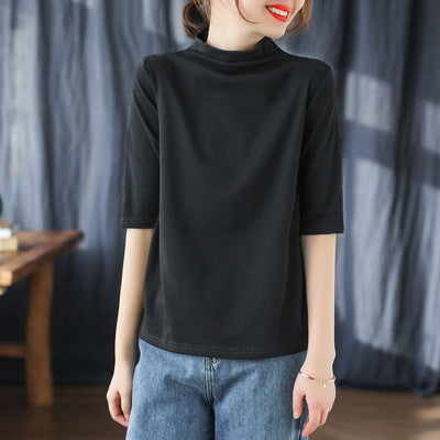 Vintage Half Sleeves Women High Neck T Shirts-Shirts & Tops-JEWELRYSHEOWN