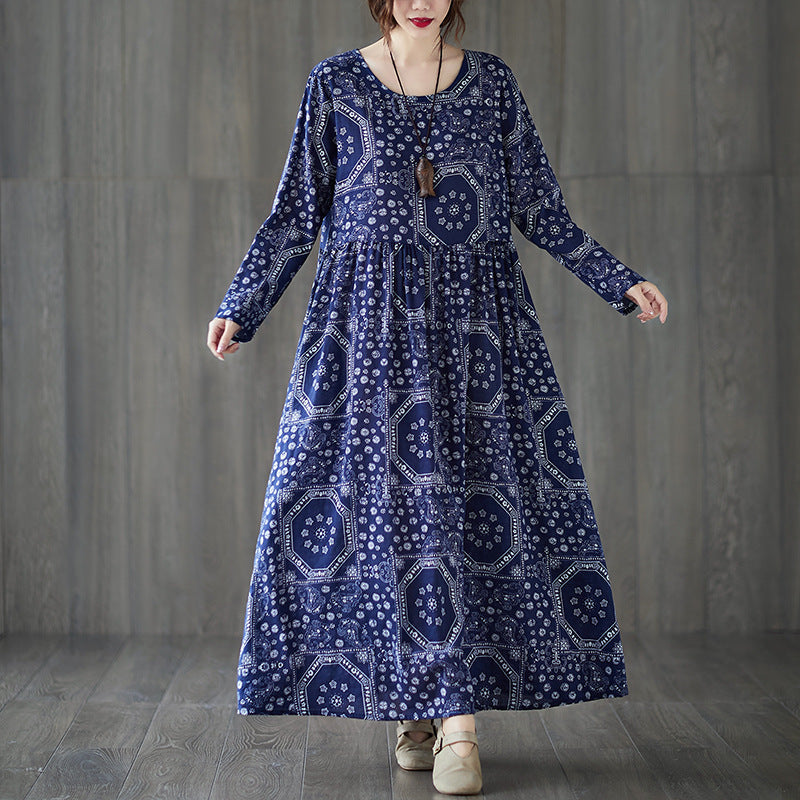 Vintage Plus Sizes Long Sleeves Blue Fall Dresses