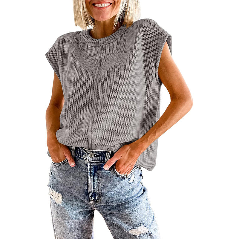 Casual Sleeveless Round Neck Knitted Vest-Shirts & Tops-Gray-S-Free Shipping at meselling99