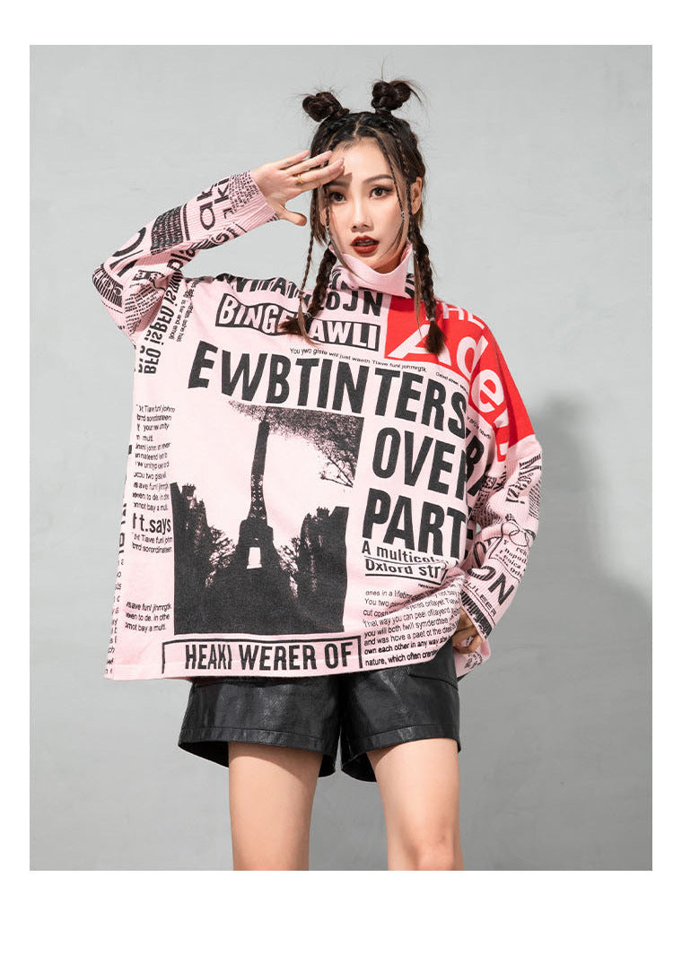 Plus Sizes High Neck Newspaper Print Women Sweaters-Women Tops-JEWELRYSHEOWN