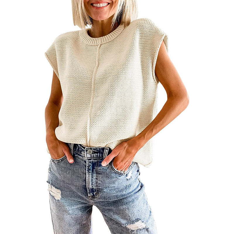 Casual Sleeveless Round Neck Knitted Vest-Shirts & Tops-Free Shipping at meselling99