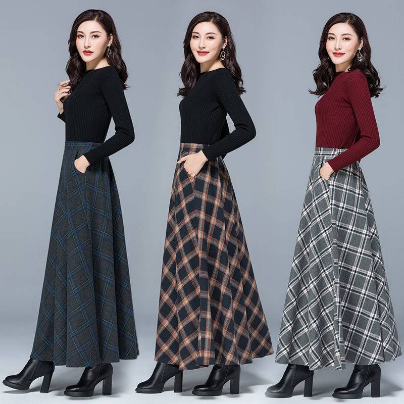 Fall/winter High Elastic Waist Wool Long Skirts