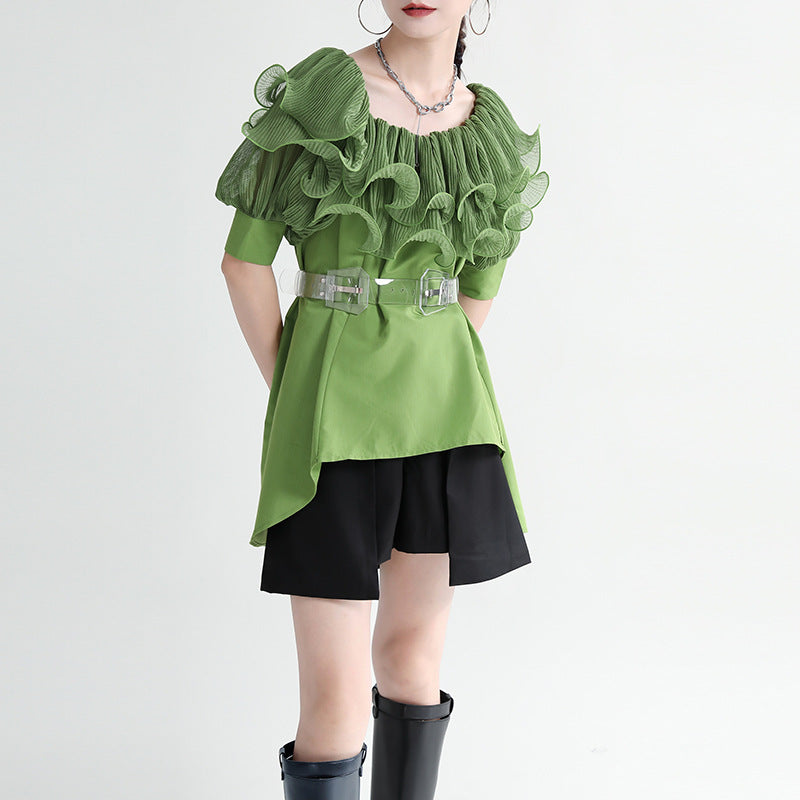 Summer Off The Shoulder Chiffon Ruffled Shirts with Belt for Girls
