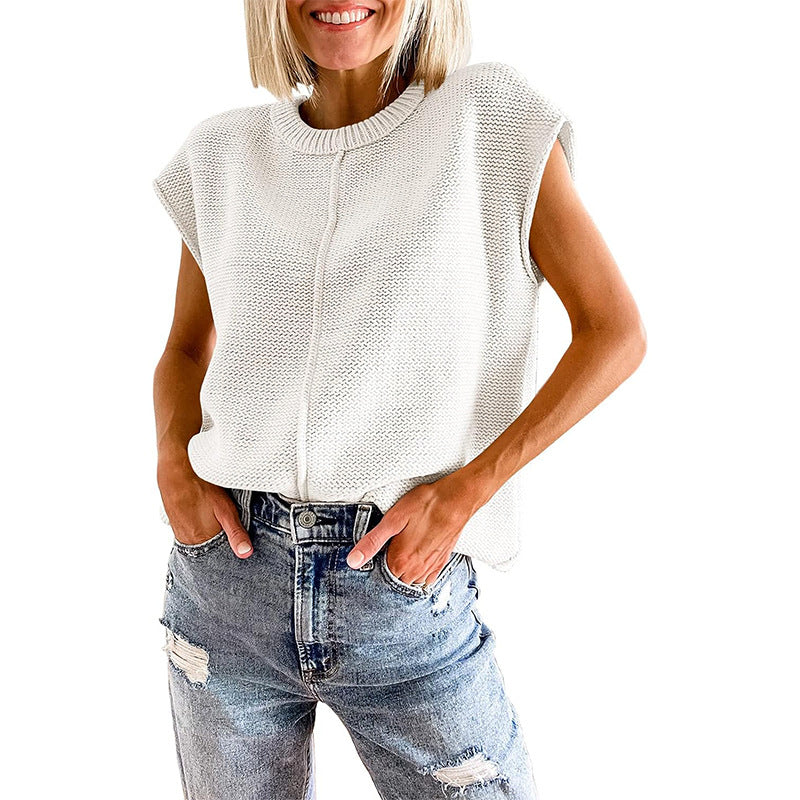 Casual Sleeveless Round Neck Knitted Vest-Shirts & Tops-White-S-Free Shipping at meselling99