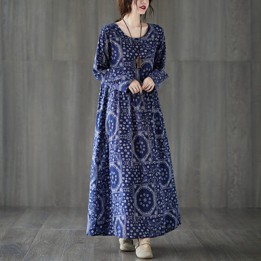 Vintage Plus Sizes Long Sleeves Blue Fall Dresses