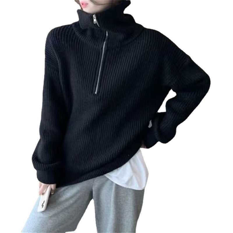 Casual Turnover Zipper Pullover Women Sweaters