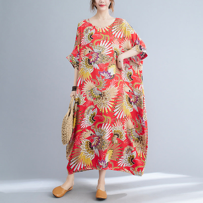 Casual Foral Print Red Plus Sizes Maxi Dresses