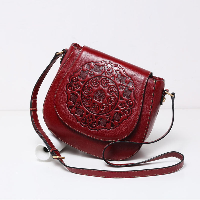 Vintage Cowhide Leather Totem Embossing Shoulder Handbags for Women-Leather Handbags for Women-Red-Free Shipping Leatheretro