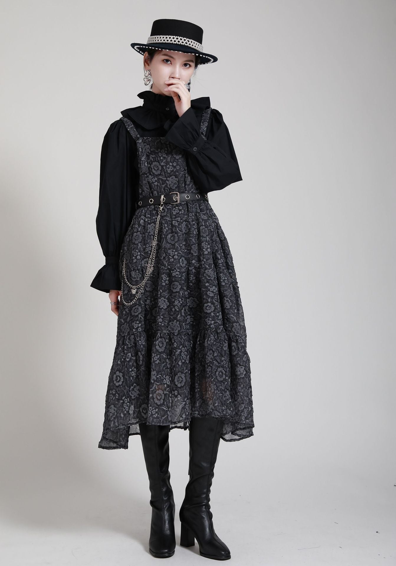 Black Adjustable Strap Floral Women Fall Dresses-JEWELRYSHEOWN