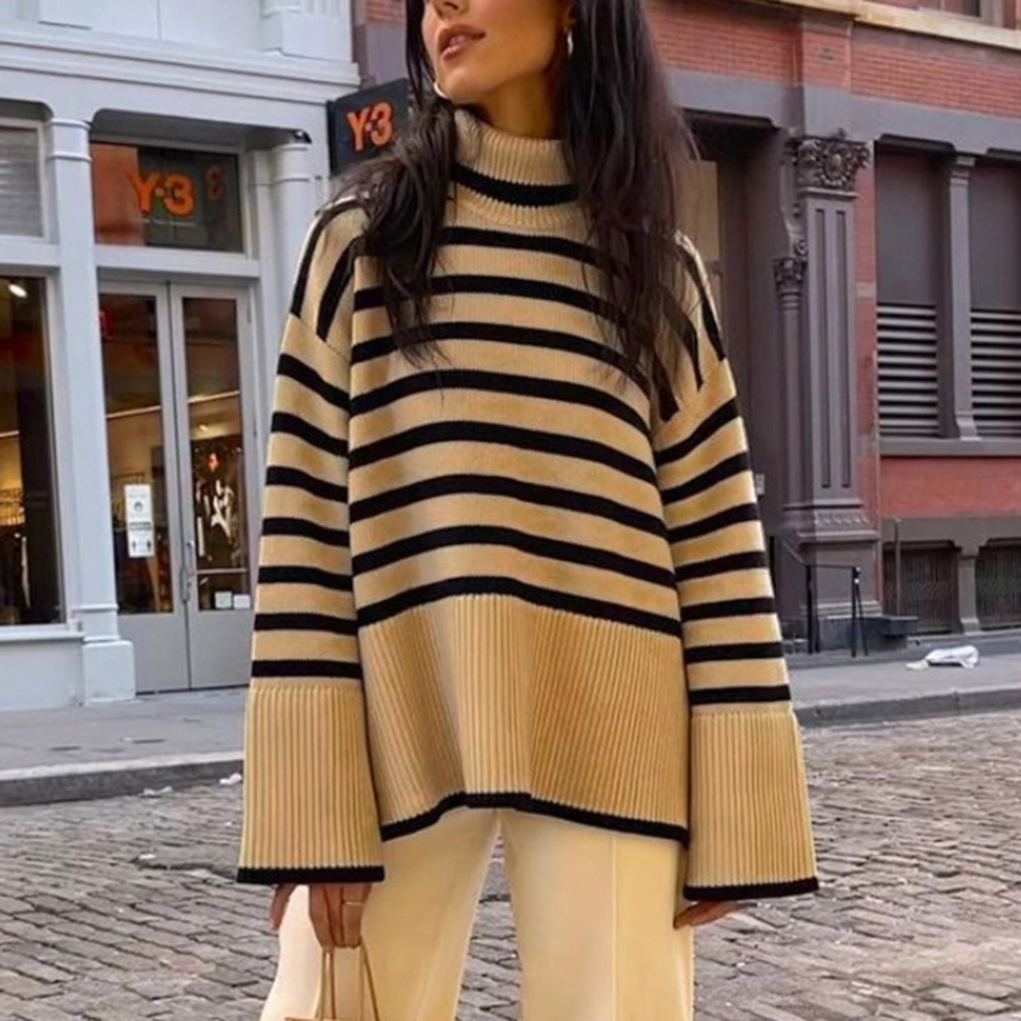 Fashion High Neck Striped Pullover Sweaters