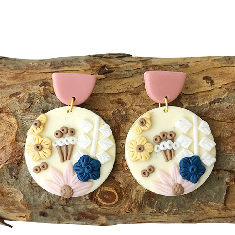 Engraved Flowers Handmade Clay Earrings for Women-Earrings-JEWELRYSHEOWN