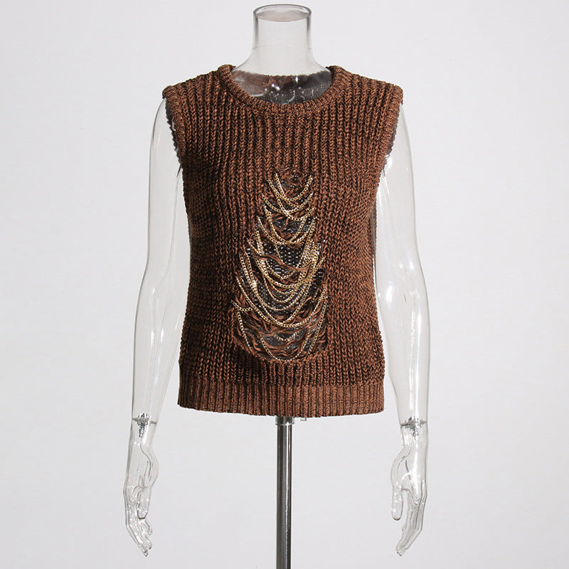 Vintage Brown Knitted Tank Top Vest for Women