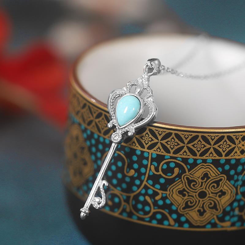 Valentine Serling Silver Turquoise Key Shaped Necklace for Women-JEWELRYSHEOWN
