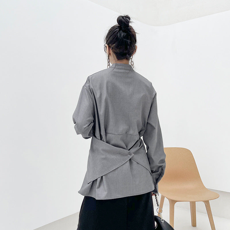 Designed Stand Collor Irregular Women Long Sleeves Shirts