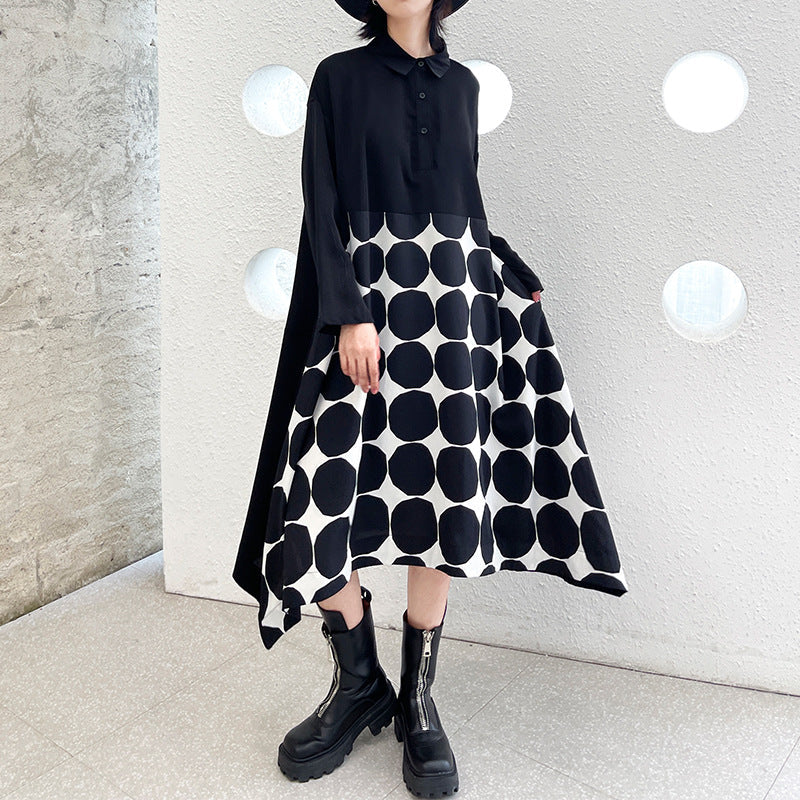 Vintage Dot Print Black Long Sleeves A Line Shirts Dresses