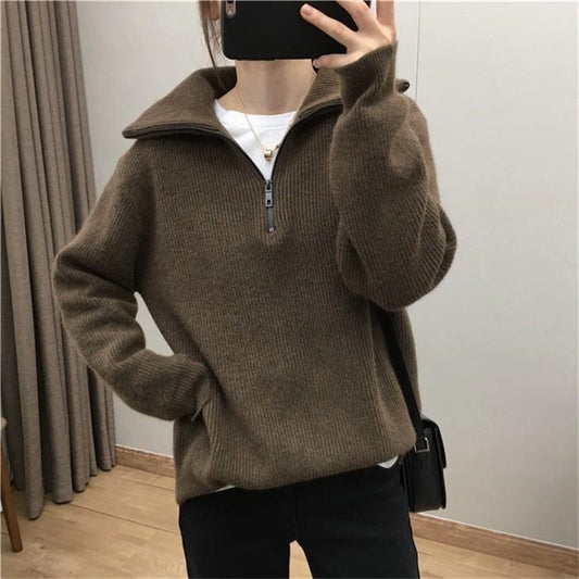 Casual Turnover Zipper Pullover Women Sweaters