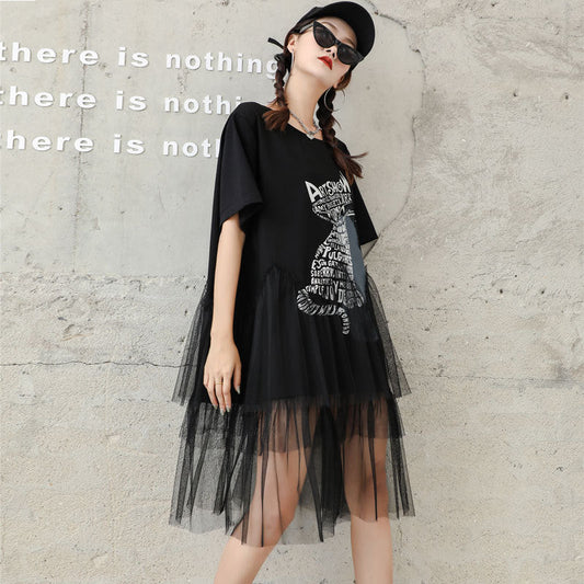 Cat Designed Tulle Loose Summer Black Midi Dresses