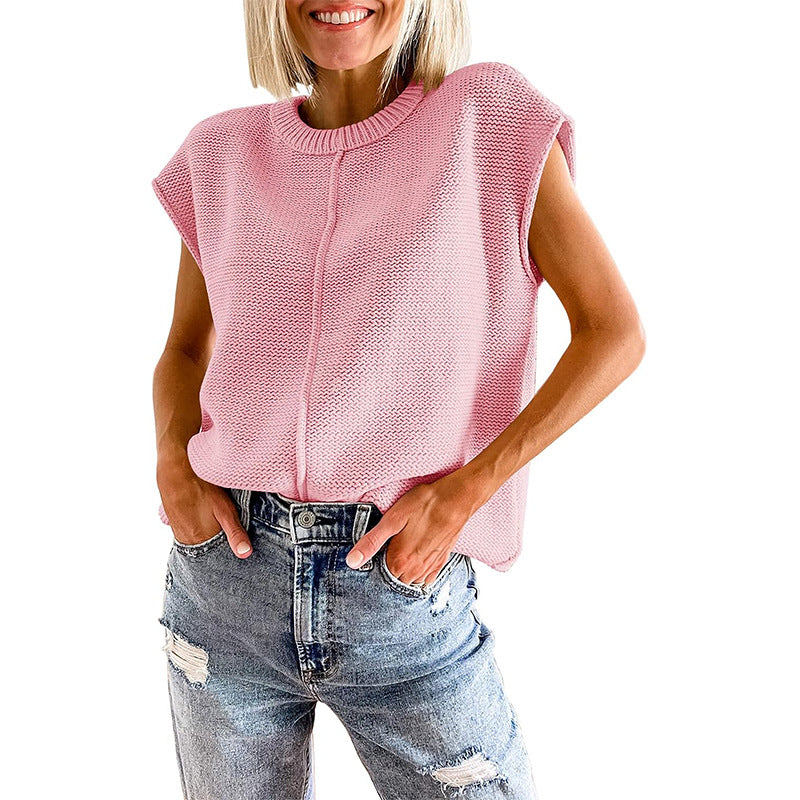 Casual Sleeveless Round Neck Knitted Vest-Shirts & Tops-Pink-S-Free Shipping at meselling99