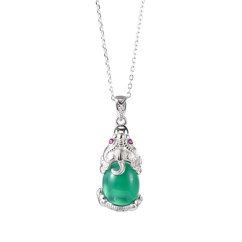 Green Brave Troops Chalcedony Serling Sliver Necklace-Necklaces-JEWELRYSHEOWN