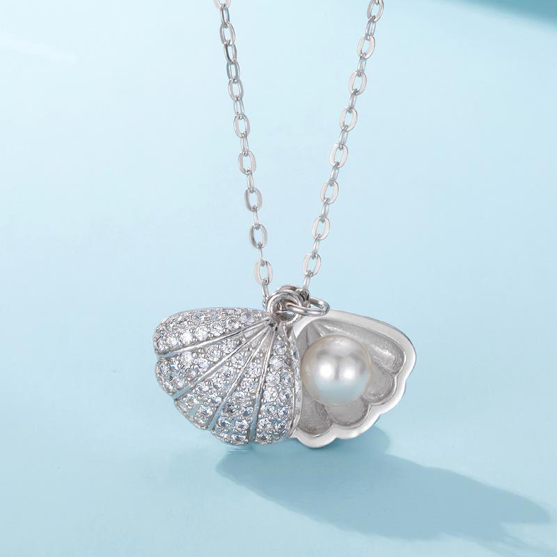 Women Fan Shaped Pearl Serling Sliver Necklace-Necklaces-JEWELRYSHEOWN
