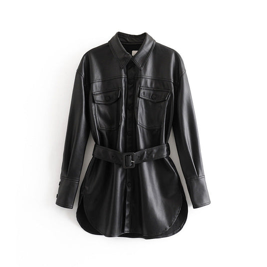 Fashion Casual Pu Leather Jackets Coat with Belt