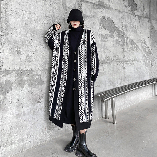Casual Black Striped Long Knitting Cardigan Tops