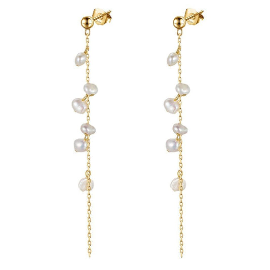 String Beads Pearl Gold Plated Sterling Silver Drop Earrings-Earrings-JEWELRYSHEOWN