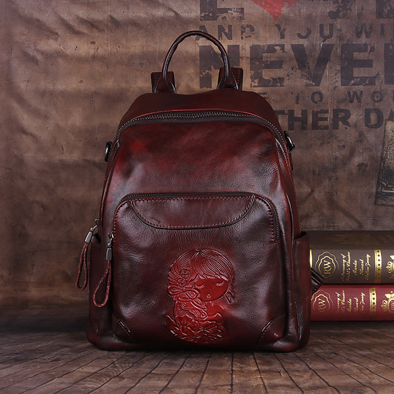 Vintage Multi Functional Vege Tanned Leather Backpack C312-Backpacks-Vintage Red-Free Shipping Leatheretro