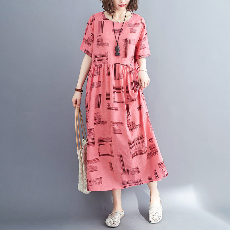 Summer Linen Short Sleeves Long Cozy Dresses-Dresses-JEWELRYSHEOWN