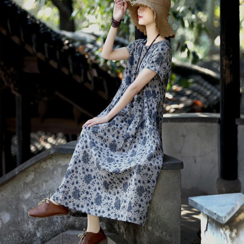 Vintage Linen Short Sleeves Midi Dresses-Dresses-JEWELRYSHEOWN
