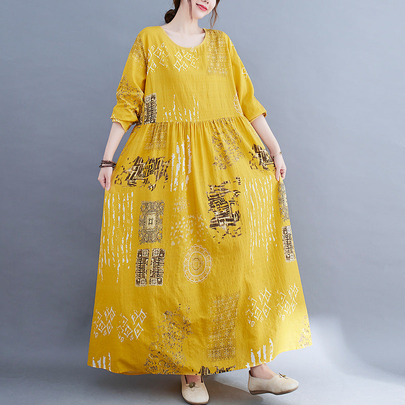 Women Yellow Plus Sizes Long Cozy Dresses-Dresses-JEWELRYSHEOWN