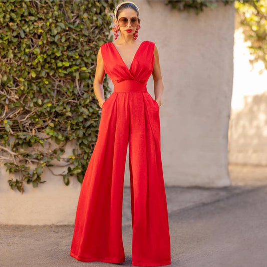 Summer Red Wide Straight Legs Jumpsuits for Women