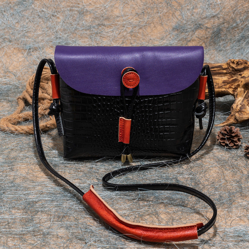 Casual Cowhide Leather Shoulder Handbags for Women 6012-Handbags-Black Purple-Free Shipping Leatheretro