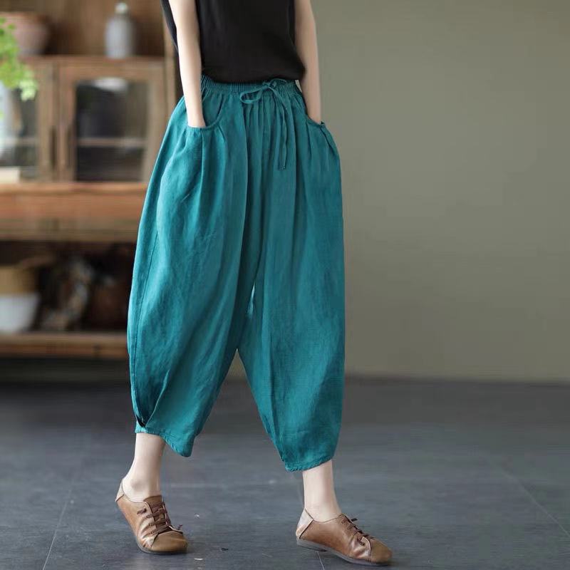Vintage Elastic Waist Linen Summer Trousers for Women