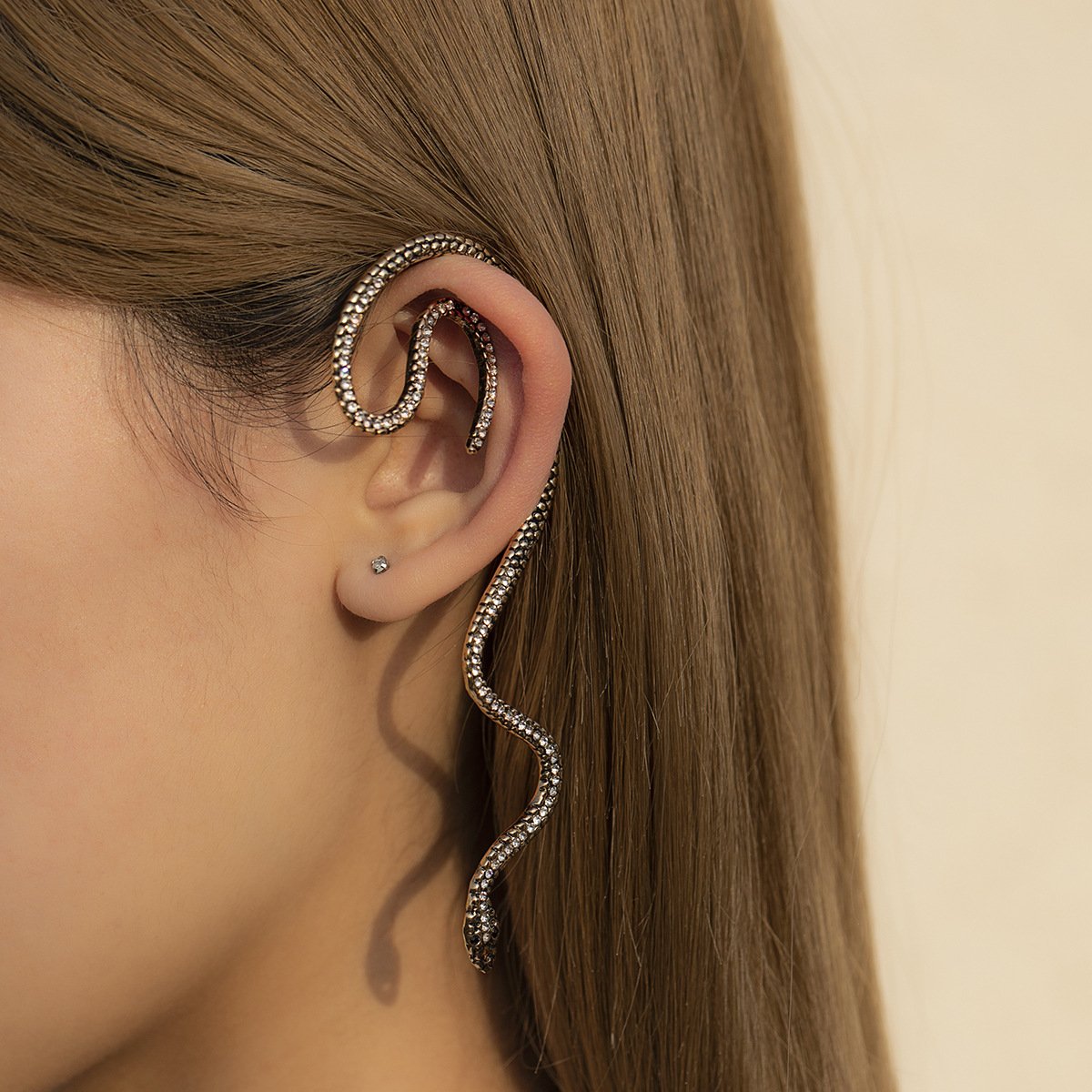 Exaggrate 3D Rhinestone Snake Shape Alloy Earrings-Rings-JEWELRYSHEOWN