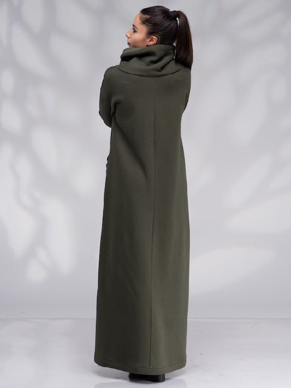 Casual Army Green High Neck Fall Long Dresses