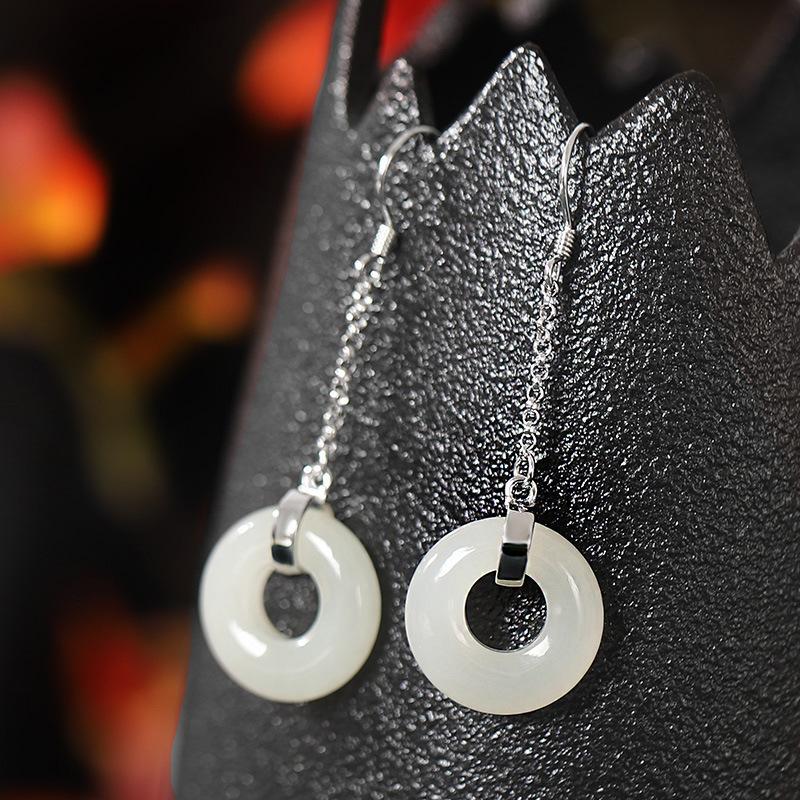 Lovely Nephrite Hook Tassel Silver Earrings for Women-Earrings-JEWELRYSHEOWN