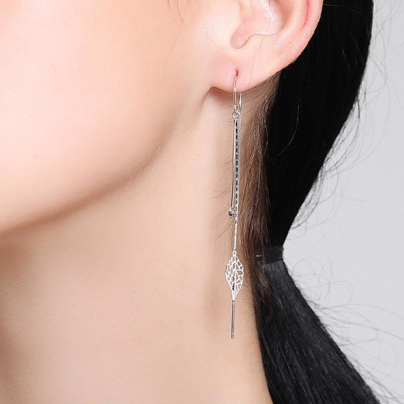 Leaf Design Sterling Sliver Long Tassel Earrings for Women-Earrings-JEWELRYSHEOWN