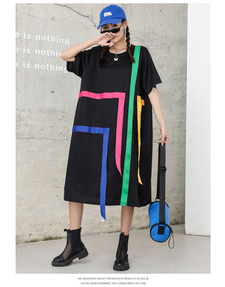 Summer Colorful Striped Girls Plus Sizes Midi Dresses
