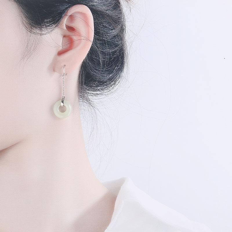 Lovely Nephrite Hook Tassel Silver Earrings for Women-Earrings-JEWELRYSHEOWN