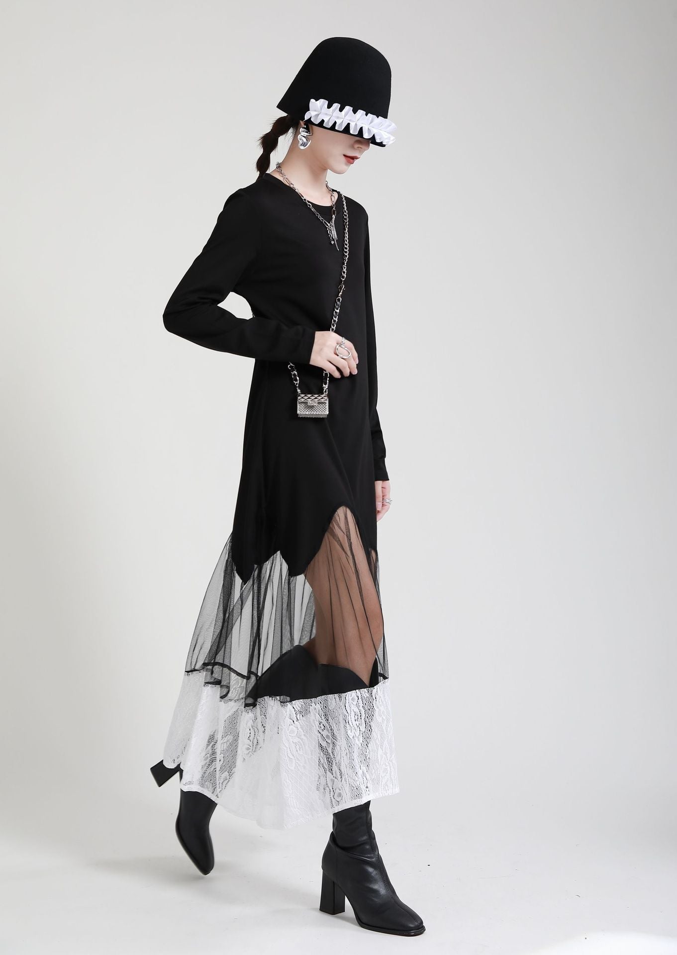 Black Women Irregular Lace Net Fall Long Dresses-Maxi Dresses-JEWELRYSHEOWN