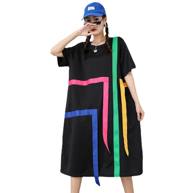 Summer Colorful Striped Girls Plus Sizes Midi Dresses
