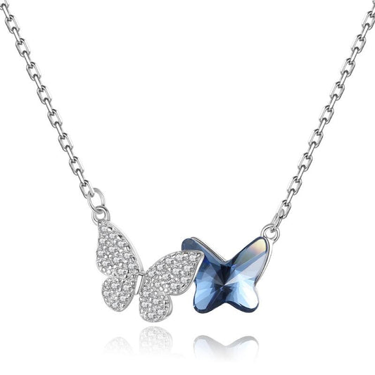 Fashion Double Butterfly Design Serling Sliver Necklace-Necklaces-JEWELRYSHEOWN