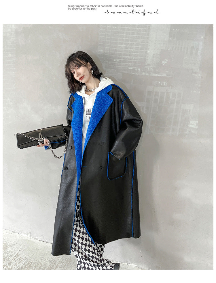 Reversible Leather Fur Thicken Winter Blazer Long Overcoat-Outerwear-JEWELRYSHEOWN